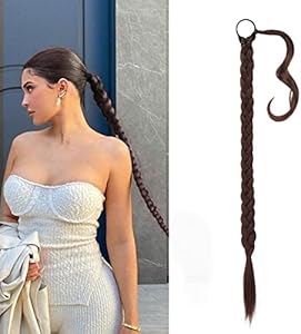 BARSDAR 26 Inch Long Braided Ponytail Extension with Hair Tie - Straight Sleek Wrap Around Dark Brown Braided Ponytail Hair Extensions - Synthetic Pony Tails Hairpieces for Women - Dark Brown Barsdar