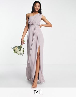 TFNC Tall Bridesmaid chiffon one shoulder drape maxi dress in lavender gray TFNC Tall