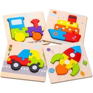 INvench 4Pack Puzzles for Kids, Wooden Vehicle Puzzle Toy for Toddlers 1 2 3 Year Old INvench