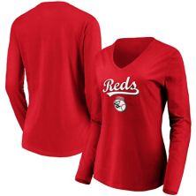 Женская красная футболка с логотипом фанатиков Cincinnati Reds Core Team Lockup с длинным рукавом и v-образным вырезом Fanatics