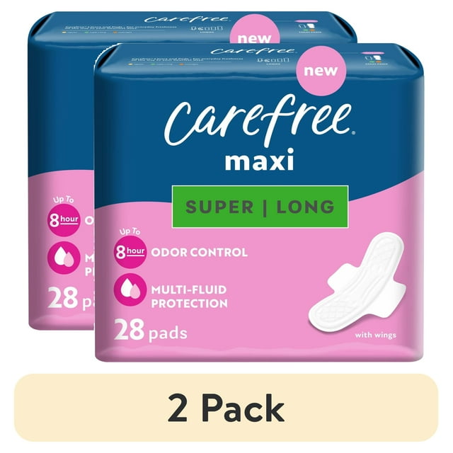 (2 pack) CAREFREE® Maxi Pads, Super Long Pads with Wings, Unscented, 28 Ct Carefree