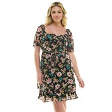 Juniors' Plus Size Lily Rose Puff Sleeve Belted Skater Dress Lily Rose