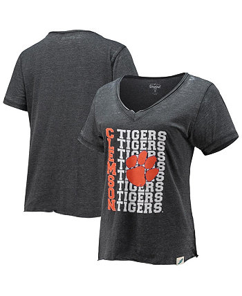 Women's Heathered Black Clemson Tigers Burnout Loose Fit V-Neck T-shirt League Collegiate Wear