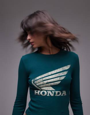 Topshop graphic license Honda long sleeve top in green TOPSHOP