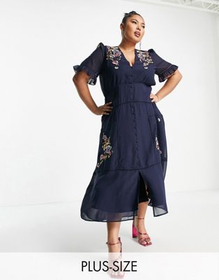 Hope & Ivy Plus Claudine embroidered dress in navy Hope & Ivy Plus