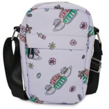 Friends Bag, Cross Body, with Friends Central Perk Logo and Flowers Scattered, White, Vegan Leather Buckle-Down