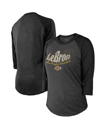 Женские нити Черная футболка Los Angeles Lakers Lebron с рисунком и рукавами 3/4 из трех смешанных тканей реглан Majestic