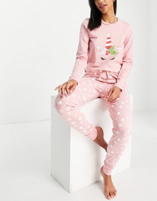 Розовая длинная пижама с потертым рождественским единорогом Threadbare