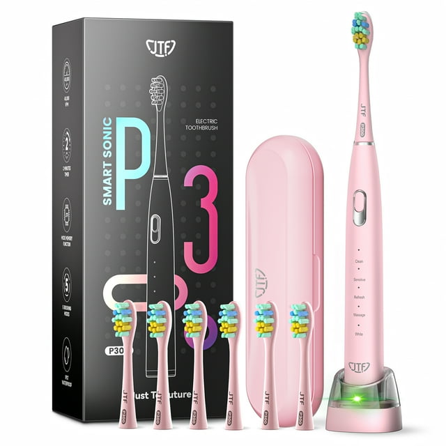 JTF Sonic Electric Toothbrush for Women with Travel Case and 6 Brush Heads, One Charge for 50 Days Use, Pink JTF