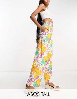 Разноцветные льняные широкие брюки свободного кроя с цветочным принтом ASOS DESIGN Tall ASOS Tall