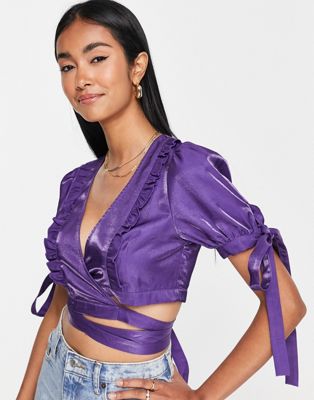 Фиолетовая двухцветная укороченная блузка с пышными рукавами Annorlunda Annorlunda
