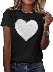 SweatyRocks Women's Heart Print Glitter Sequin T Shirts Casual Round Neck Short Sleeve Tee Tops SweatyRocks