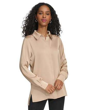 Women's Long Sleeve High-Low Collared Shirt Calvin Klein