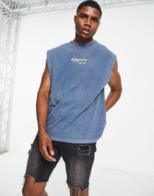 ASOS DESIGN oversized heavyweight tank top in washed blue with chest print & embroidery ASOS DESIGN