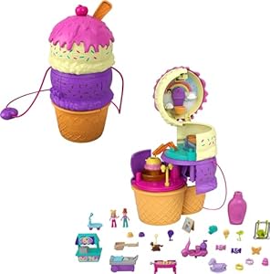 Polly Pocket 2-in-1 Travel Toy Playset, Spin 'N Surprise Ice Cream Cone with Micro Polly & Lila Dolls & 25 Accessories Polly Pocket