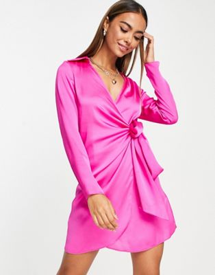 Ярко-розовое атласное платье мини с завязками по бокам New Look New Look