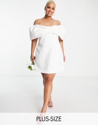 Ever New Curve Bridal fallen shoulder bow mini dress in ivory Ever New Curve