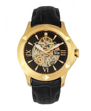Dantes Automatic Gold Case, часы из натуральной черной кожи 47 мм Reign