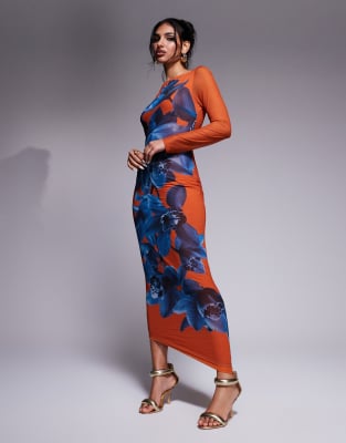 Daska fitted maxi dress with placement print in burnt orange Daska