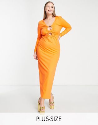 Оранжевое платье макси с длинными рукавами и деталью под грудь Simmi Plus Clothing Simmi London Plus