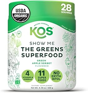 KOS Organic Super Greens Powder (Порошок) Erythritol Free - Plant Based Superfood Blend with Spirulina, Chlorella & Wheatgrass - USDA Certified Organic, Green Juice Smoothie - Apple Flavor - 28 Servings (Порции) KOS