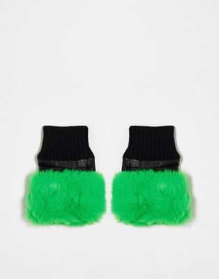 Черные/зеленые кожаные перчатки без пальцев с отделкой искусственным мехом Jayley Jayley