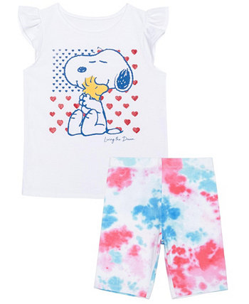 Toddler Girls Ruffle Sleeve T-shirt and Snoopy Americana Elastic Waist Shorts, 2 Piece Set Peanuts