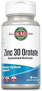 KAL Zinc Orotate 30mg, Sustained Release, Chelated Zinc Tablets, Immune Support Supplement, Protein Synthesis, Metabolism, Energy Support, Vegan, Gluten Free, 60-Day Guarantee, 90 Servings, 90 Tablets Kal