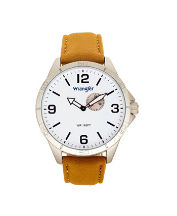 Мужские часы, корпус 48 мм с IP-защитой, белый циферблат, дополнительный циферблат, коричневый ремешок Wrangler