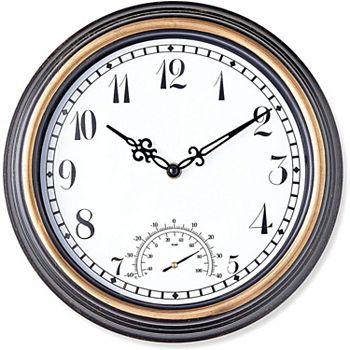 12" Black Outdoor Clock With Temperature Gauge Stock Preferred