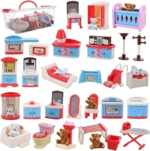 Beverly Hills Doll Collection Dollhouse Accessories Furniture and Accessory Set, All in one Bedroom, Kitchen, Laundry Room, and Bathroom 46 Piece Mega Set in a Storage Container Beverly Hills