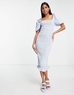 Collective the Label puff sleeve shirred frill midi dress in blue floral Collective The Label
