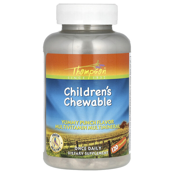 Детский жевательный мультивитаминный мультиминерал, вкусный пунш, 120 жевательных таблеток Thompson