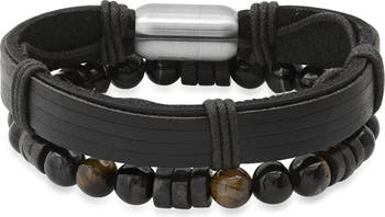 Черный кожаный браслет из бисера HMY Jewelry