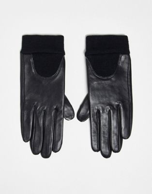 Черные кожаные перчатки с сенсорным экраном и ребристыми манжетами ASOS DESIGN ASOS DESIGN