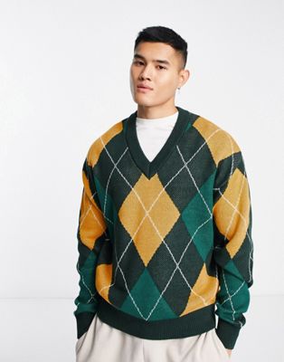 Жаккардовый свитер оверсайз с V-образным вырезом Jack & Jones зеленого и бежевого цвета Jack & Jones