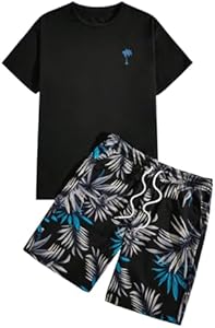 GORGLITTER Men's 2 Piece Short Sleeve Graphic Tee Hawaiian Printed Drawstring Shorts Set Gorglitter