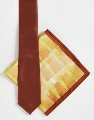 Коричневый тонкий галстук Noak с нагрудным платком и подкладкой с абстрактным принтом Noak