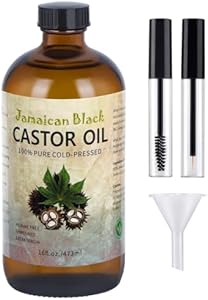 Jamaican Black Castor Oil, Organic Castor Oil Cold Pressed Unrefined Glass Bottle,Rich in Vitamin E, Omega Fatty Acids and Minerals Castor Oil for Face, Hair & Skin, Lashes & Brows, Nail Care 8OZ VRJEUGO