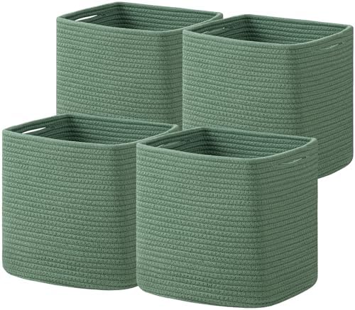 joybest Green Storage Cube Bins, Cotton Rope Storage Baskets for Orginazing, Toy Bins for Shelves Closet Nursery 11x10x10 Inches 4Pack Joybest