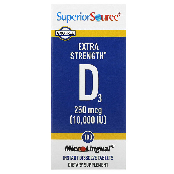 D3, Экстра сила, 250 мкг (10,000 МЕ) - 100 Микролингвальных таблеток для мгновенного растворения - Superior Source Superior Source