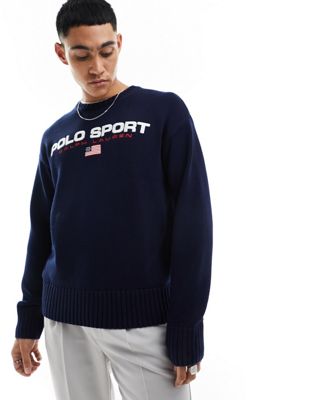 Темно-синий хлопковый вязаный свитер большого размера с логотипом Polo Ralph Lauren Sport Capsule Polo Ralph Lauren