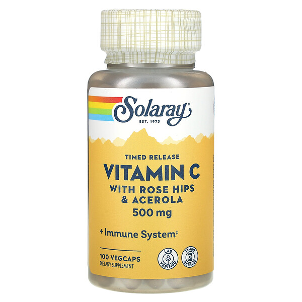 Витамин С, замедленное высвобождение, 500 мг, 100 растительных капсул Solaray