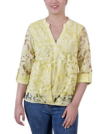 Миниатюрная блузка с Y-образным вырезом и длинными рукавами Burnout NY Collection