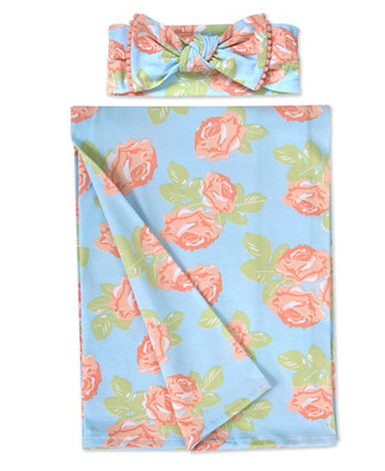 Baby Girls Soft Floral Swaddle Wrap Blanket with Matching Headband, 2 Piece Set Baby Essentials
