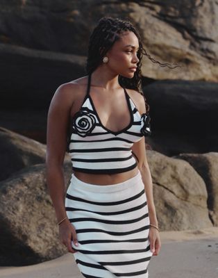 4th & Reckless x Loz Vassallo rico knit striped halter rose beach top in black and white - part of a set 4TH & RECKLESS