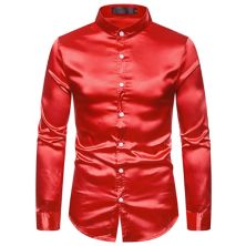 Men's Satin Long Sleeves Band Collar Button Down Slim Fit Solid Prom Satin Shirts Lars Amadeus