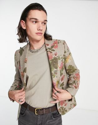 Бежевый шерстяной пиджак Twisted Tailor Sember с цветочным принтом Twisted Tailor