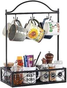 Coffee Mug Holder, 6 Big Capacity Coffee Cup Holder for Countertop, Mug Tree Rack with Storage Base for Coffee Pod, Coffee Ceramic Mug, Coffee Bar Accessories, Home Storage Mug Hooks (Large) Amarfly