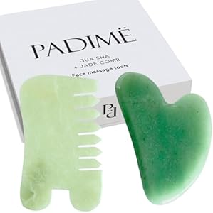 Padime 2 pcs | Premium Set Massage 2-in-1 | Rose Quartz Gua Sha Stone Facial Tools + Jade Comb Scalp Massager | Puffiness Reducing & Relieve Muscle Tension - Stimulates and Strengthens Hair Growth Padimë